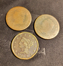 Gros centimes d'abattage américains lot de 3 avec cheveux tressés 1843 et deux centimes de tête classiques.