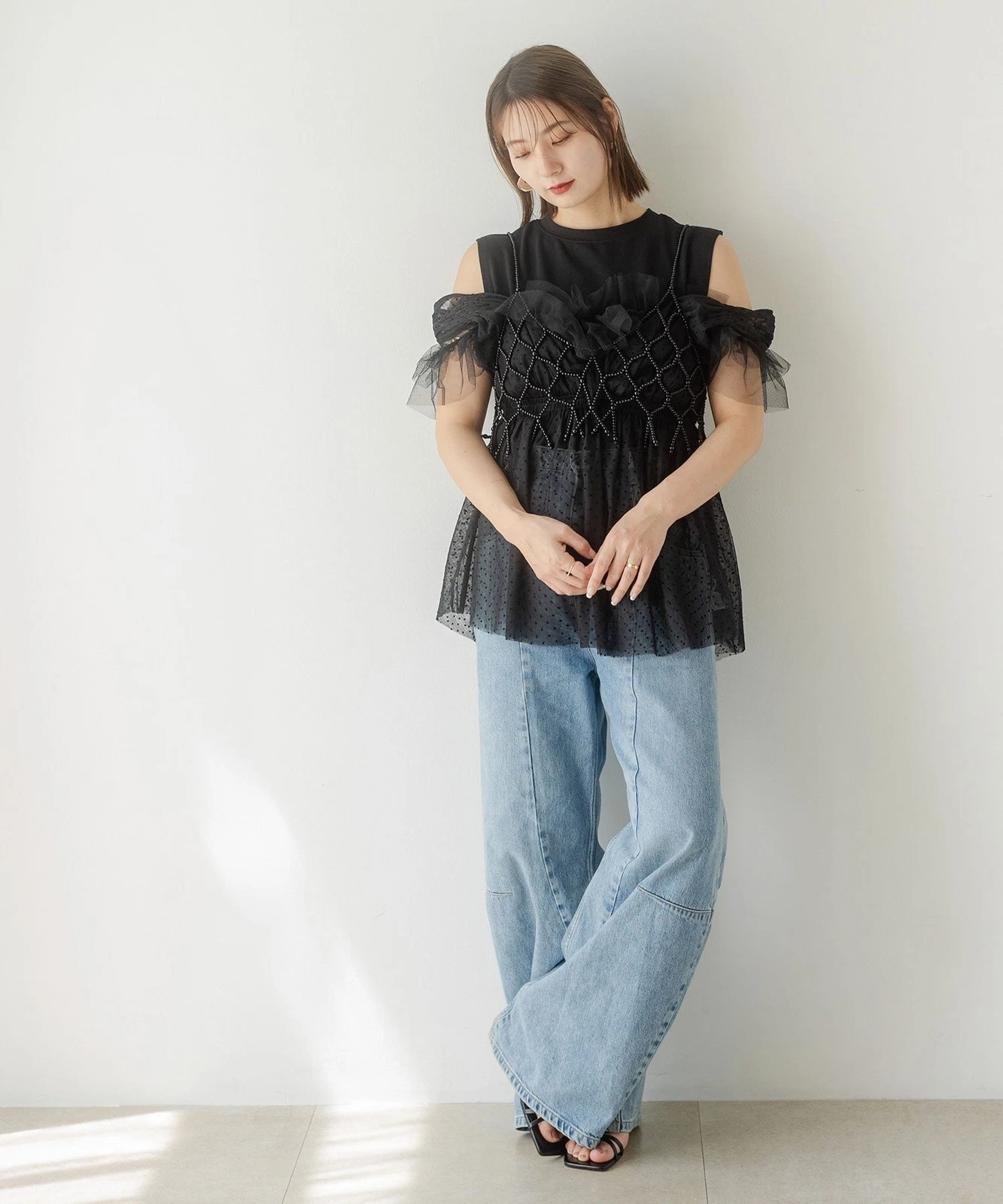 OFF WHITE tunica girocollo in tulle a pois nuova