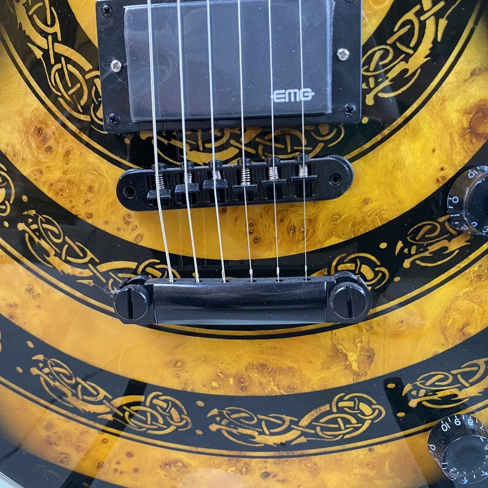 Black Yellow Zakk Wylde Electric Guitar Burl Tree Top EMG Pickup Mahogany Body - Image 2 of 4