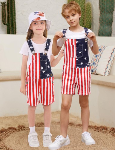 Kids 4th of July Outfit Boy American Flag Overall Girl Stretch Denim Jumpsuit... - Picture 2 of 5