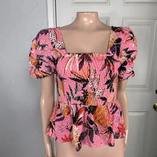 Farm Rio Women's Shirt S Smocked Pineapple Floral Viscose Eyelet Peplum S14