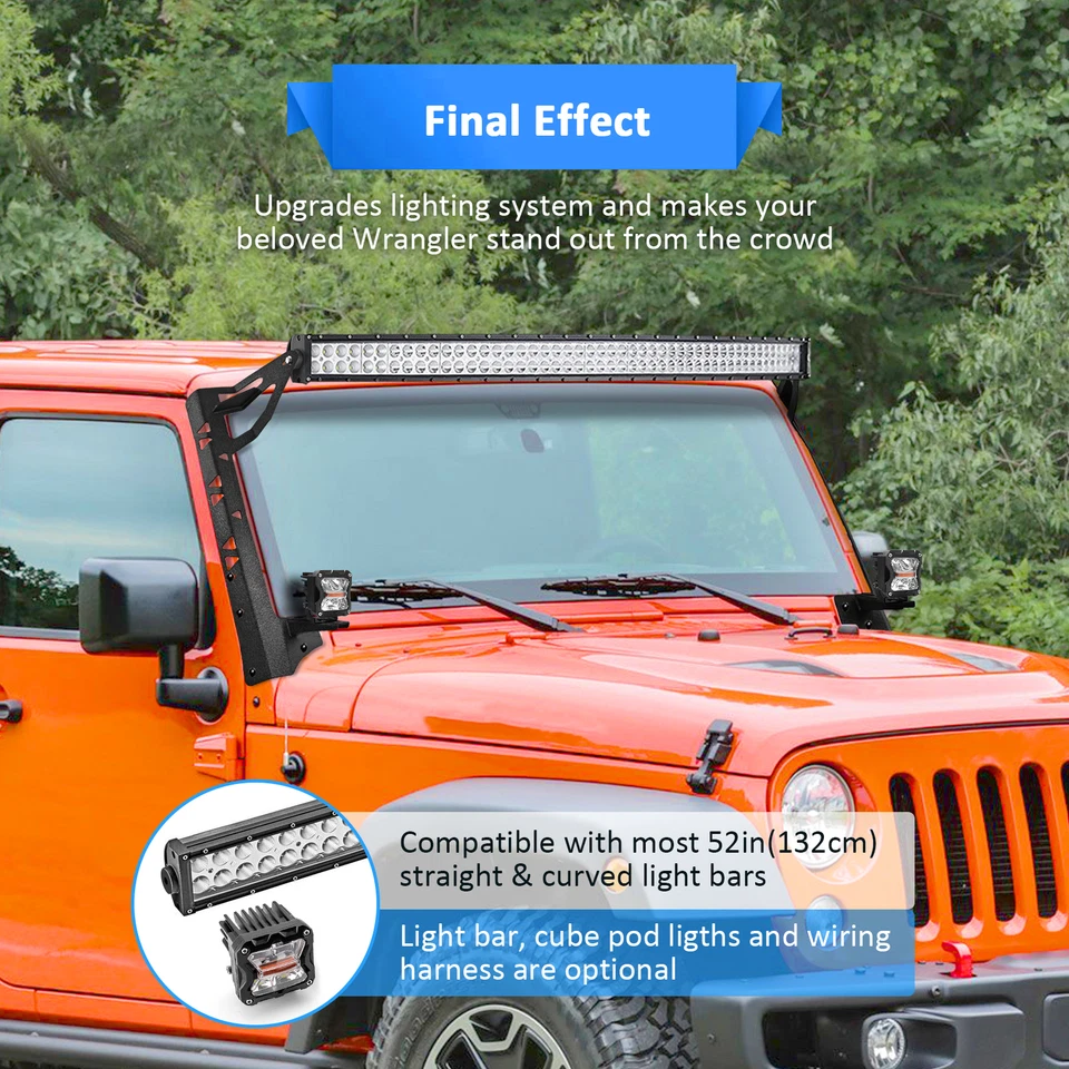 52-дюймовые кронштейны и стойка на лобовое стекло для светодиодных фар для Jeep Wrangler JK 2007-2017 годов выпуска - Изображение 2 из 4