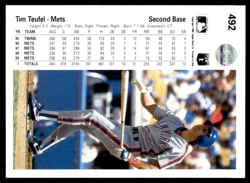 1990 Upper Deck 492 Tim Teufel New York Mets Baseball Card - Picture 2 of 2