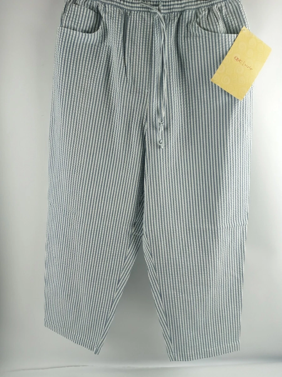 Denim Co. Pants Women Size Medium Elastic Waist Capri Blue Stripes Drawstring