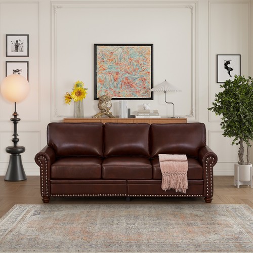 Classic Faux Leather Sofa Upholstered Couch with Nailhead Trim Removable Cushion - Picture 32 of 206