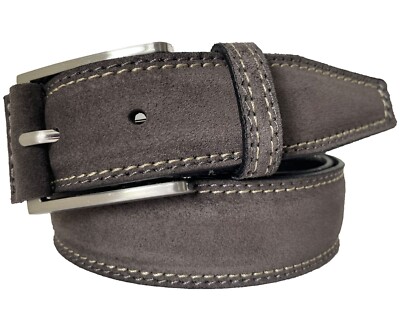 MENS ITALIAN SUEDE LEATHER BELT GREY CONTRAST STITCH S M L  display picture 1