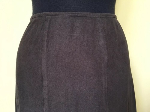 PER UNA Chocolate Brown Knee Length Skirt 14 L Long Lace Embroidery Faux Suede - Picture 3 of 12