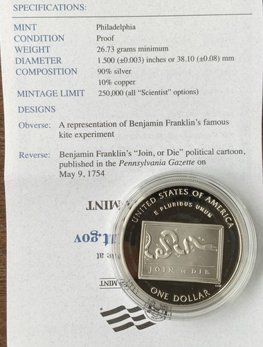 2006-P Benjamin Franklin Proof Silver Dollar “ Scientist ” $1 Coin Box/COA #BN1 - Picture 6 of 8