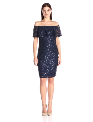 Marina Navy Off Shoulder Sequin Stretch Lace Dress - MSRP $149 | eBay