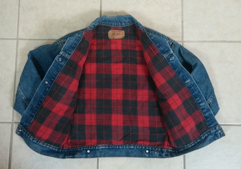 VTG Levi's Jeans Denim Trucker Jacket Red Buffalo Plaid Lined