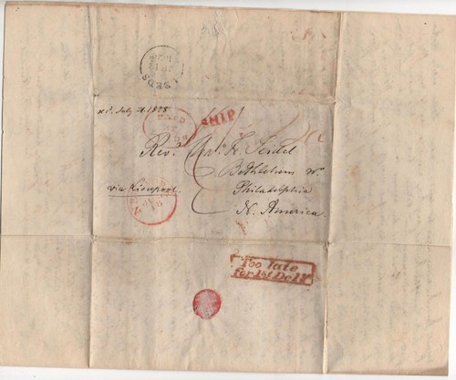 Cubierta de envío TRANSATLÁNTICA 1828 Leeds a Belén PA DEMASIADO TARDE PARA LA PRIMERA ENTREGA - Imagen 2 de 6