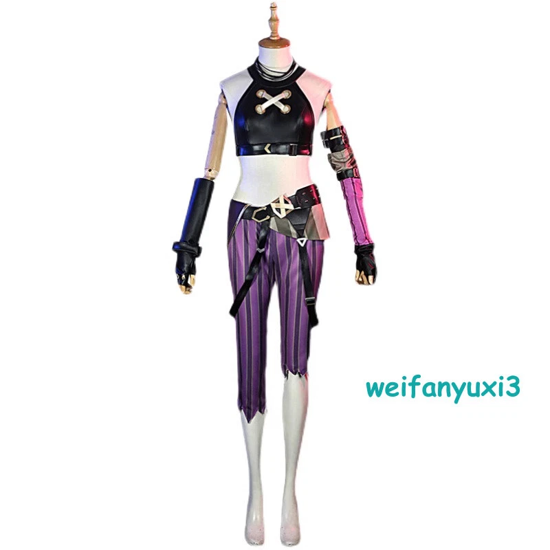LOL Arcane Cosplay Jinx COS Costume Women Uniform Outfit Fullset With Necklace - Image 4 of 4