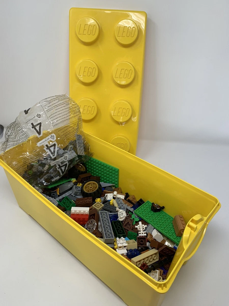 Lego Yellow Brick Storage Box Bin Large Container With Lid And Lego Pieces.