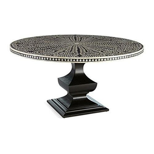 Bone Inlay Modish Round Dining Table Pedestal Black Floral Pattern Modern 152x15