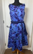 PER UNA Blue Floral Tea Dress - Size 12 - Lined Belt