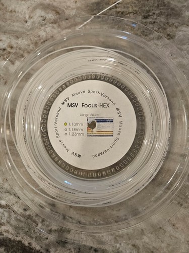 MSV FOCUS HEX 1.10MM TENNIS STRING REEL, USED A FEW TIMES, WHITE COLOR