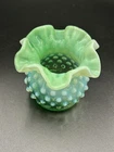 Vintage Beauty Fenton Green Opalescent Hobnail Ruffled Double Crimped Vase
