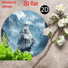 1pc 2D 2D Flat Round Aluminum Metal Wall Decor- Majestic Sailboat on Ocean Mount