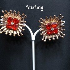 Vintage Sterling Gold Wash Red Rhinestone Sunburst Earrings 1950s Screwback