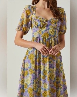 ASTR The Label  Gold/Purple Sweetheart Floral Milkmaid Peasant Cottage Dress M
