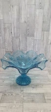 Vintage Blue Pressed Glass Footed Ruffled Edge Compote Candy Dish flower peddles
