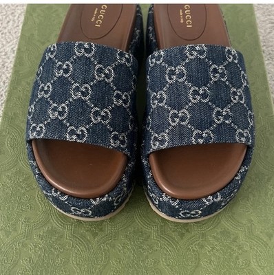 Gucci GG Logo Denim Slide Sandals Blue/Brown Slip-On Leather Lined EU 37