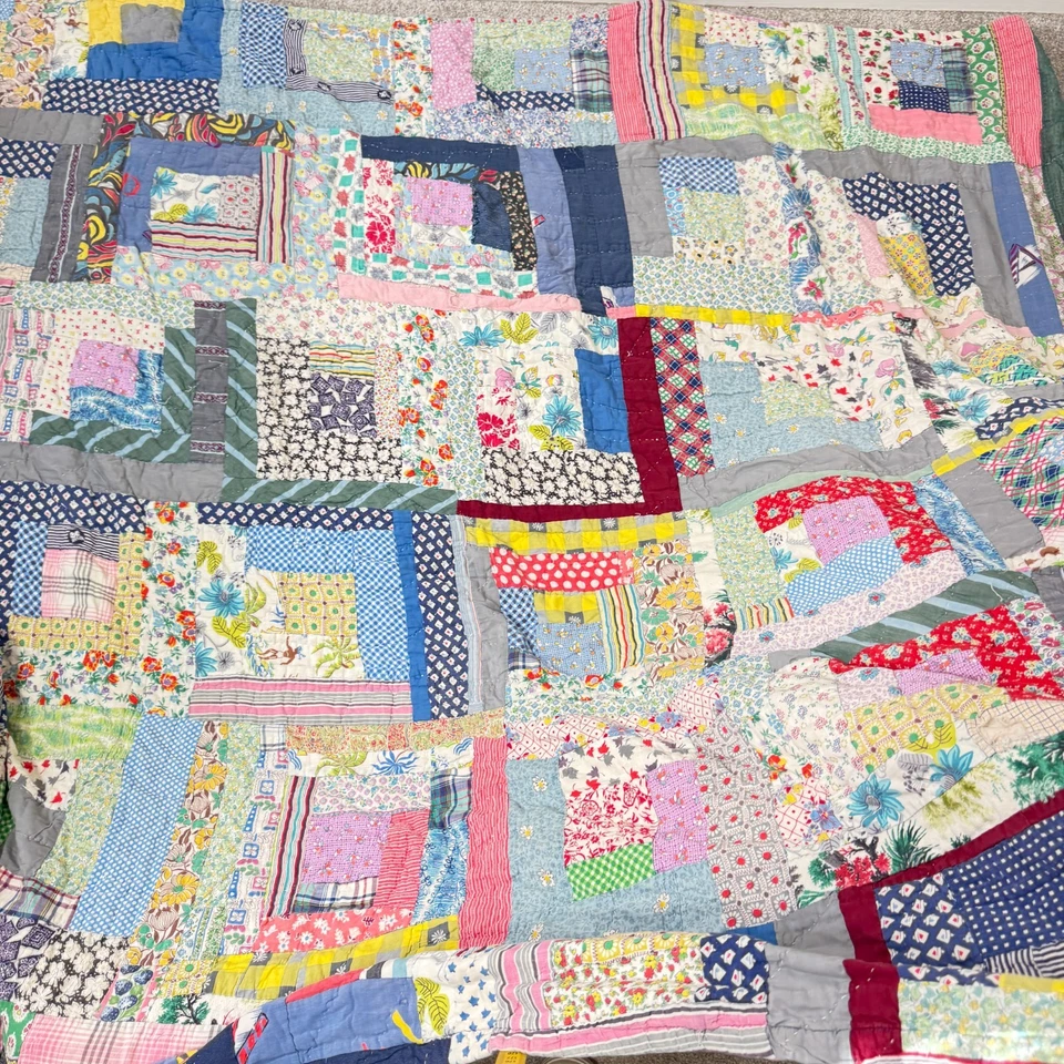 Edredón cortador hecho a mano vintage doble saco de alimentación algodón retazos cabaña de troncos desechable Foto 3 de 4