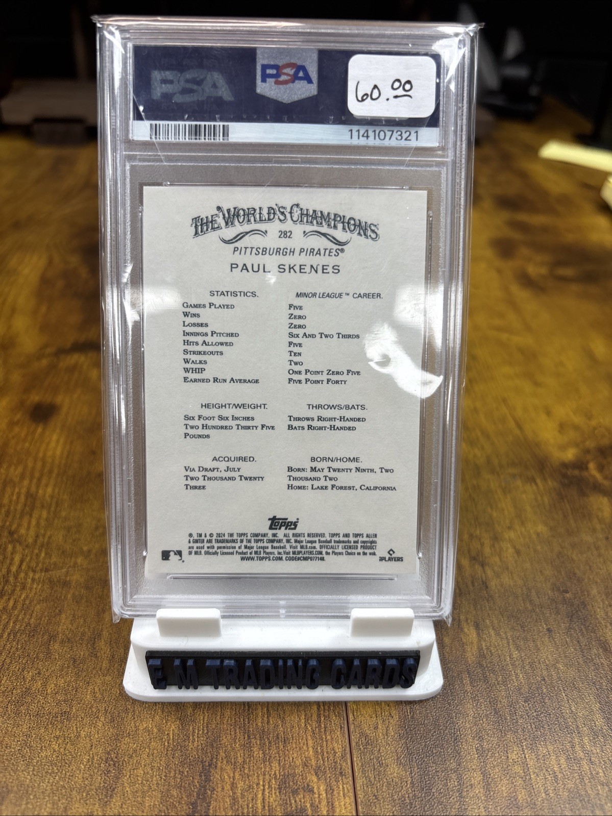 2024 Topps Allen & Ginter Paul Skenes #282 RC Pirates PSA 10 view 2