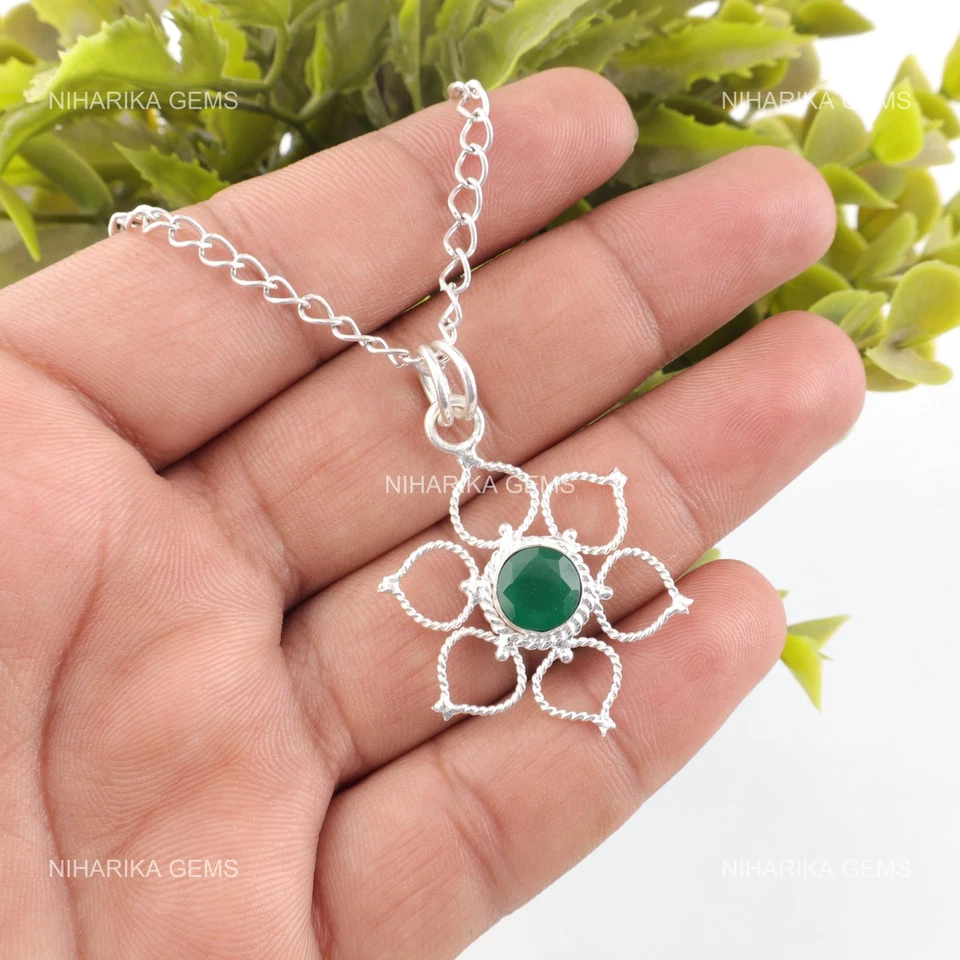 Colgante De Joyería Boho Art Deco De Ónix Verde Facetado De Plata Esterlina - Imagen 3 de 4