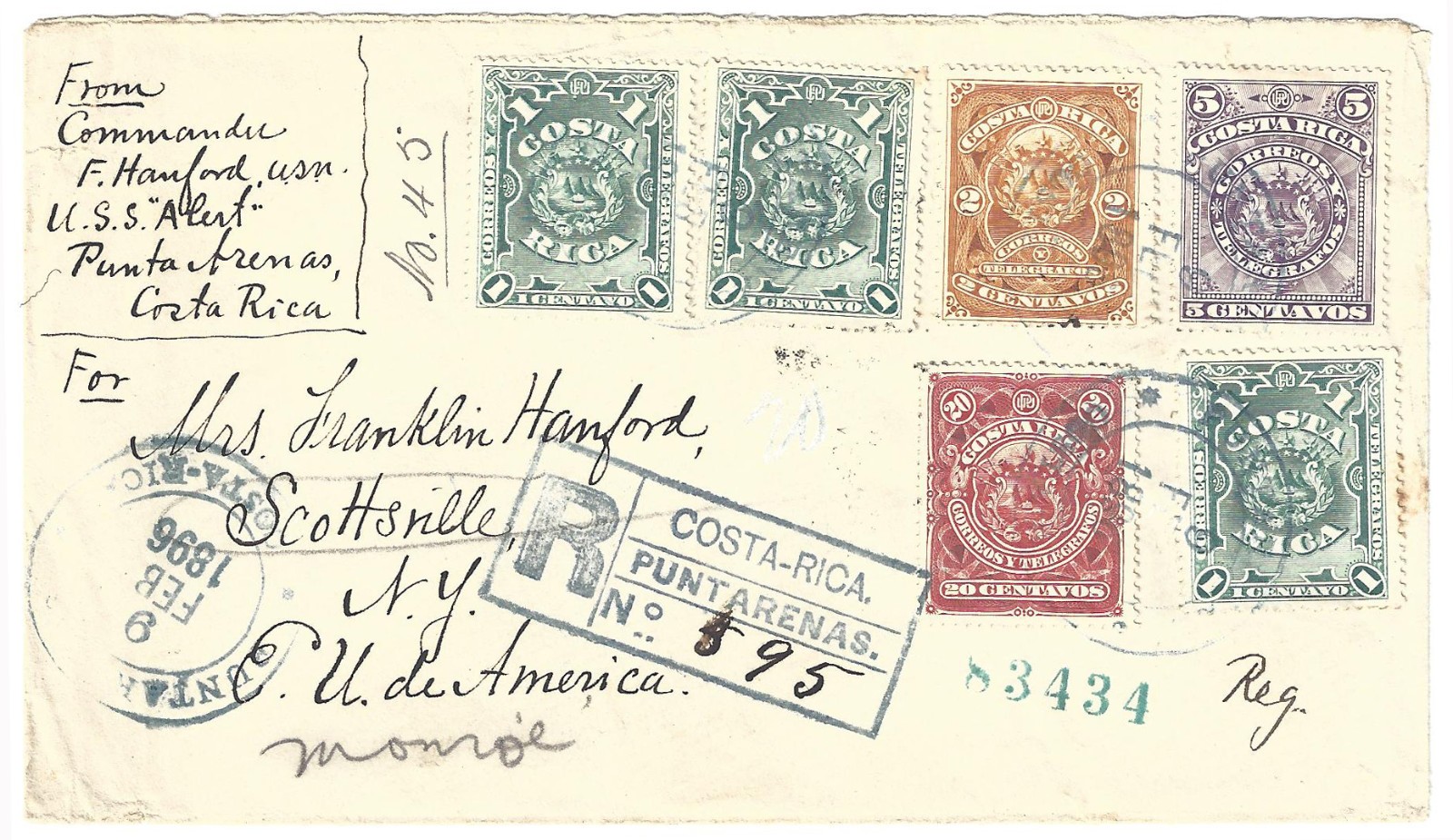 1896 Costa Rica registered cover, Cdr. Hanford of the USS Alert to NYC