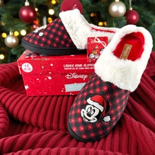 Disney Mickey Mouse Slippers Women’s 9-10 Santa Holiday Red Black Plaid Faux Fur
