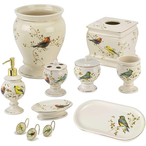 Ceramic Wastebasket Gilded Birds Collection Indoor Bathroom Accessories New - Picture 10 of 17