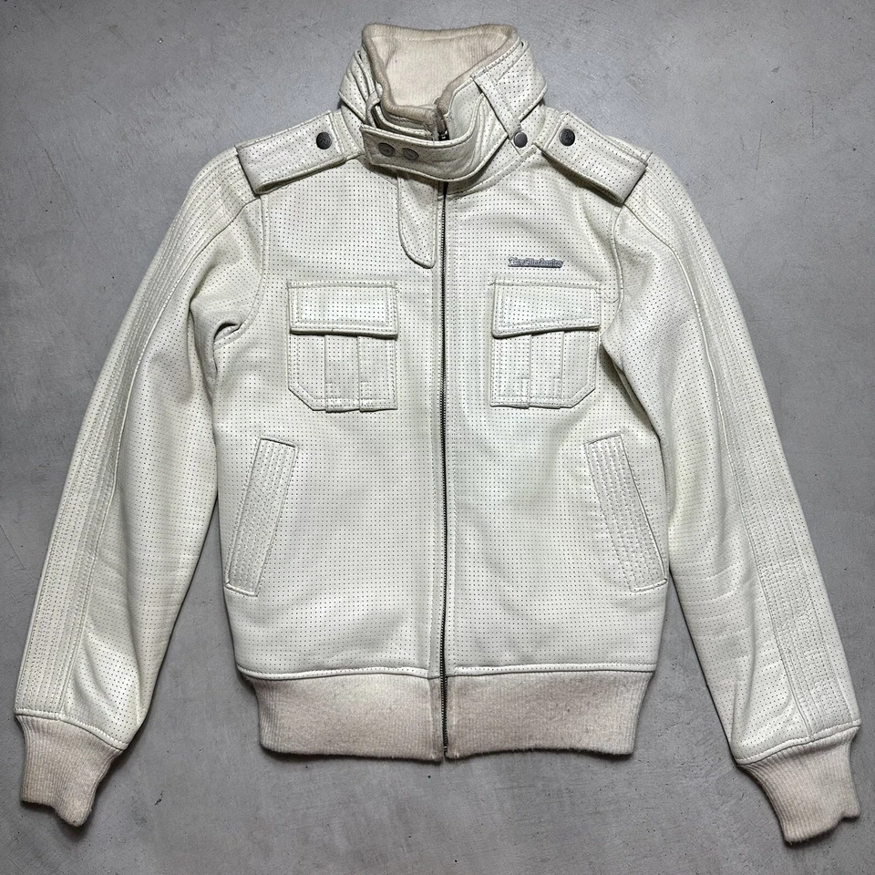 Vintage 90s Embellished Leather Jacket Womens M Cream Riding Moto Live Mechanics - Image 2 of 4