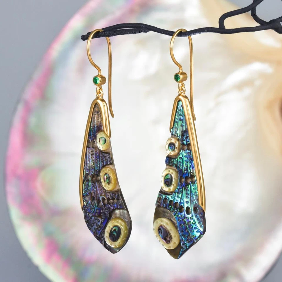 Dragonfly Wing Earrings Abalone Carving Gold Vermeil Sterling Silver Ruby 11.68g - Image 3 of 4