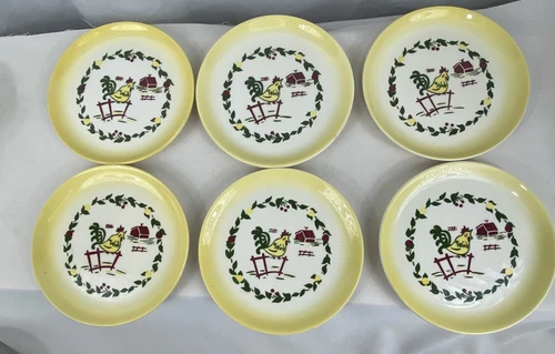 6 Vtg Brock of California Yellow Farmhouse Rooster 6.5 Salad Dessert Plates