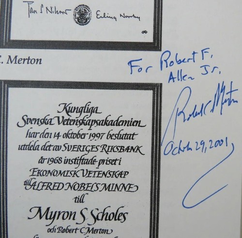 "Premio Nobel per l'economia" Robert Merton libretto Harvard firmato a mano