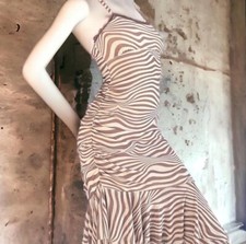 Wild Fable Size Medium Sleeveless Ruched Bodycon Mesh Striped Brown Dress NWT