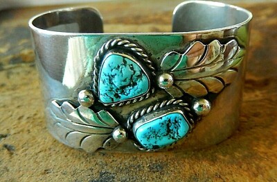 Vintage Navajo★ turquoise silver bangle Vintage NAVAJO Frank Sandoval WIDE & HEAVY Sterling Silver