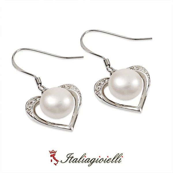 Pregiati Orecchini Cuore con Perle di Fiume in Argento 925 Rodiato Oro Bianco - Immagine 3 di 4