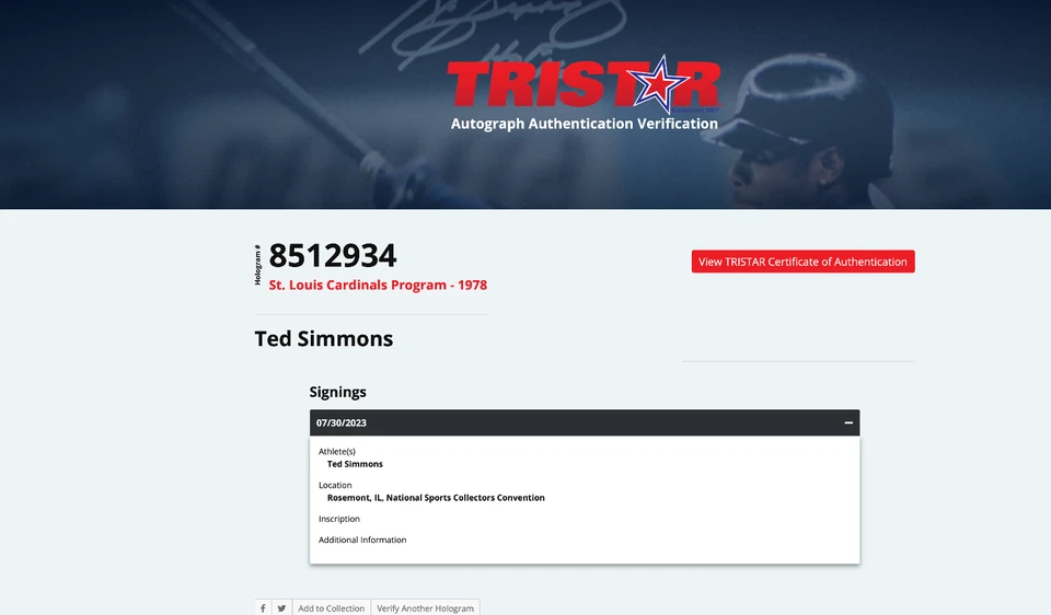 TED SIMMONS Autographed St. Louis Cardinals 1978 Yearbook Tristar Holo Signed 🔥 - Image 4 of 4