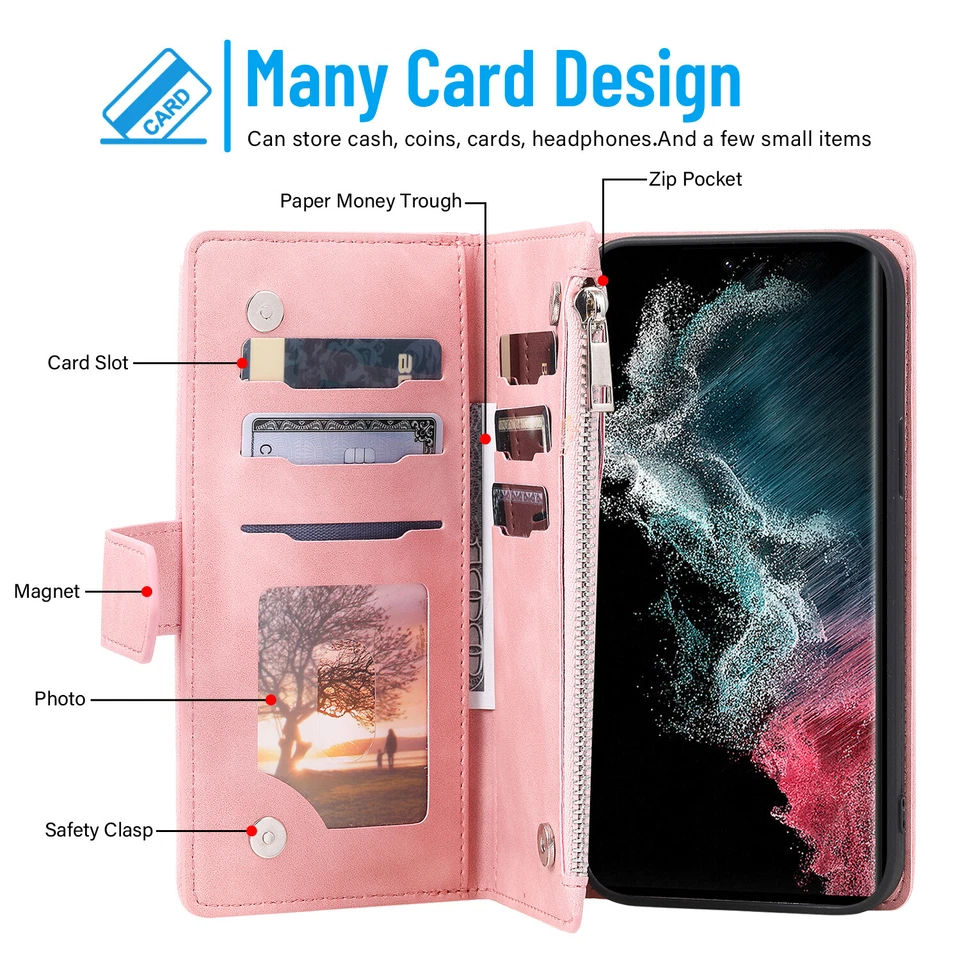 Leather Zipper Wallet Card Flip Case For Samsung Galaxy S24 Ultra S23 S22 Plus - Image 3 of 4