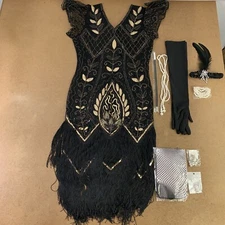 Women's Medium Black & Gold Sequin Fringe Flapper Dress & Accessory Set 9 Pieces