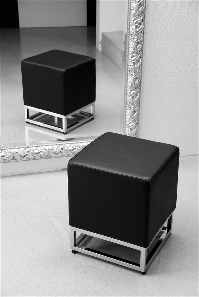 Schwarzer Würfel Leder Hocker Sitzhocker Fußhocker auf Edelstahlfuß Qualität - Bild 2 von 2