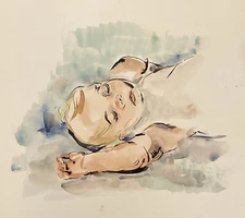 Vintage  Original Watercolor Art- BABY SLEEPING- by GRACE HUNTLEY PUGH, Unsigned