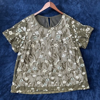 Cj Banks Womens Embroidered Top Size 1X Green Garden Fairy Mesh Dainty Earthy