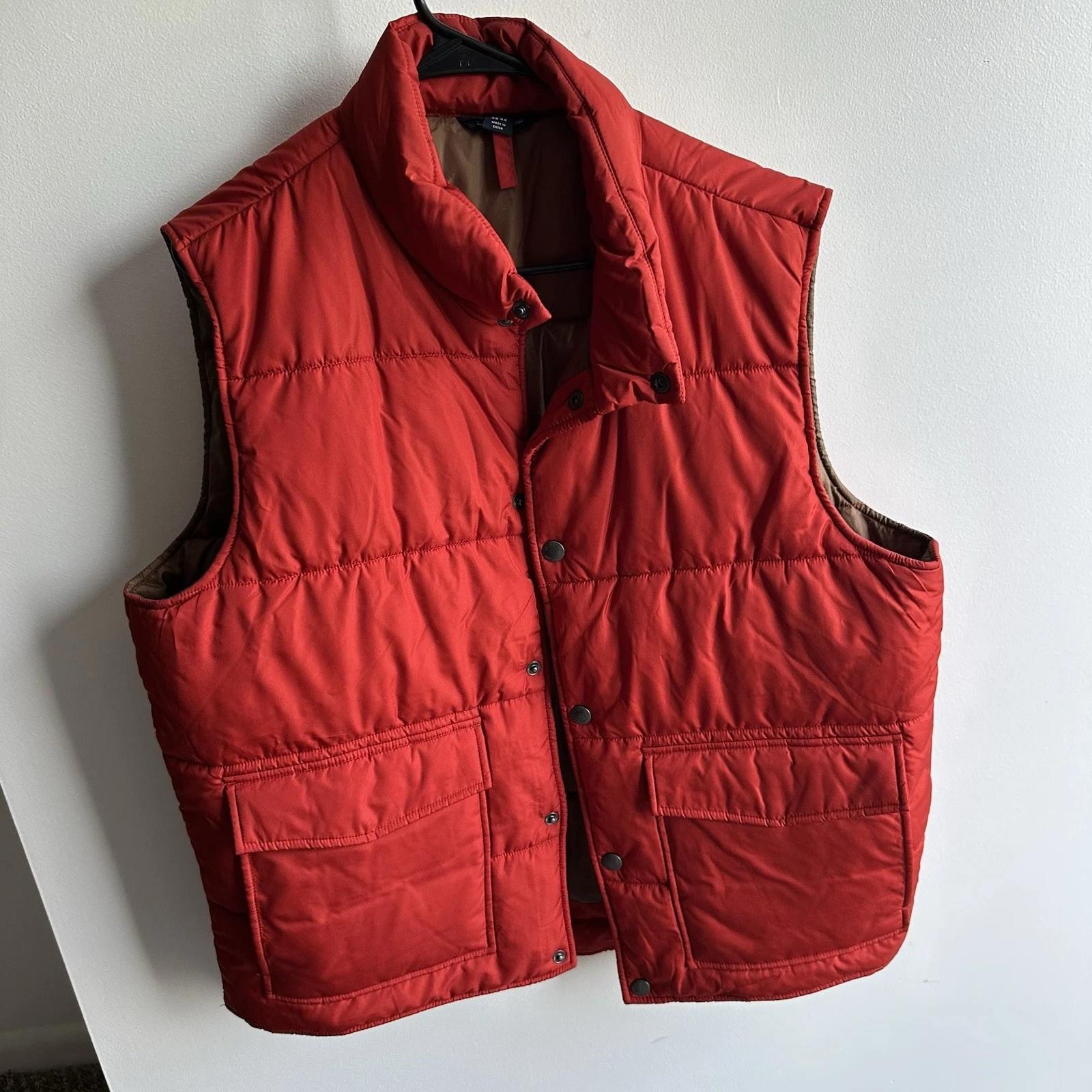 Lands' End Quilted Vest Mens L 42-44 Red Orange Full Snap Pockets Insulated