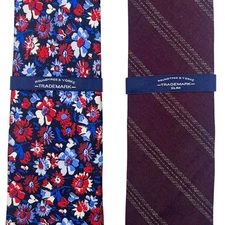 Roundtree & Yorke Tie LOT OF 2 Men Blue Red Floral Silk Slim Repp Cotton Striped