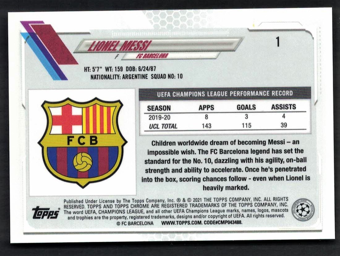 2020-21 Topps Chrome UEFA Champions League Lionel Messi #1 NM view 2