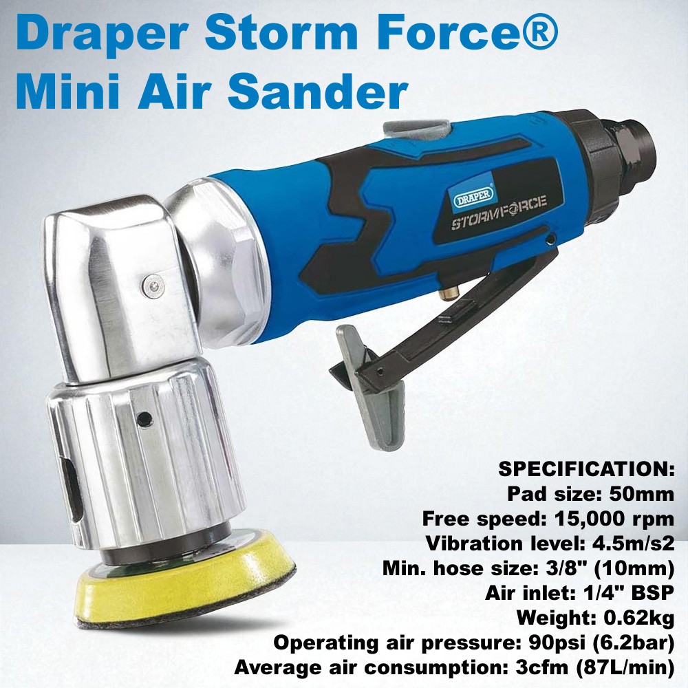 Draper 65059 Mini Air Sander 50mm Variable Speed Sanding Machine Auto Bodyshop
