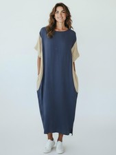 Casual Navy and Beige Short Sleeve Midi Shift Dress 0480